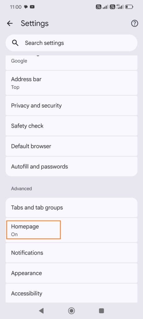 chrome homepage settings